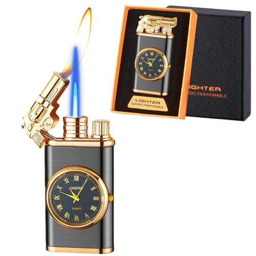 Torch Lighter, Magic Dual Flame Lighter Refillable Butane, Creative Adjustable Flame Windproof Lighter, Cool Jet Flame Butane Lighter for Men Women Friends Outdoor Candle(Without Butane)-Black-g