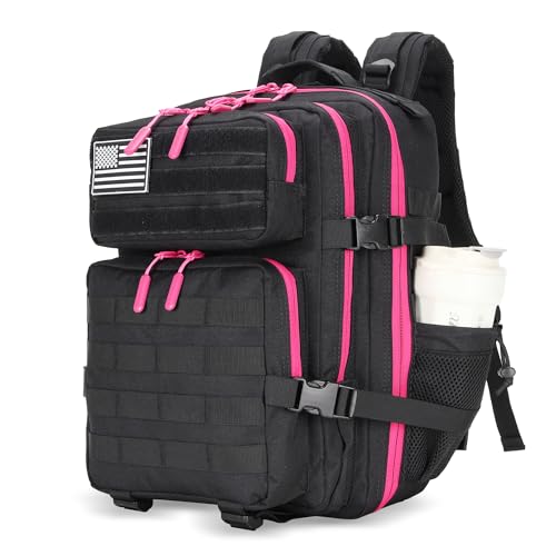 Tactical Military Backpack Small Travel Pack with Bottle Holder - Black Neon Pink