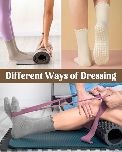 Pilates Socks with Grips for Women - Non Slip Yoga Socks with Ruffle, Beige Brown Grey White - Ludaro
