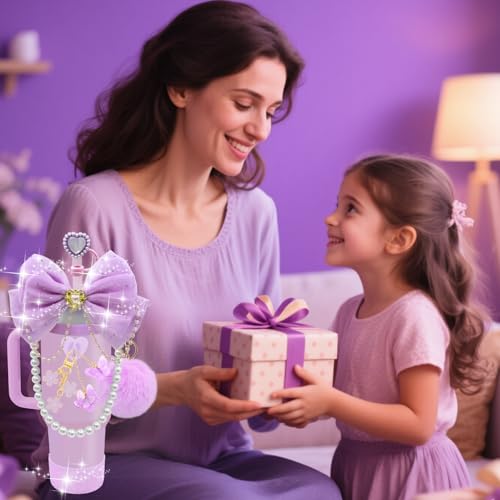 LBU Bling Stanley Cup Accessories for 40/30/20 oz Tumbler with Handle Including Glitter Bow Straw Topper, Heart Straw Cover, Pearl Water Bottle Handle Strap, Boot, Pom-Pom, Keychain Charms(Purple)