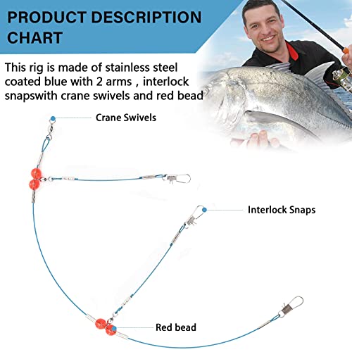 Blue Stainless Steel Fishing Leaders 12 Pack 2 Arm Saltwater Tackle Rig with Swivels