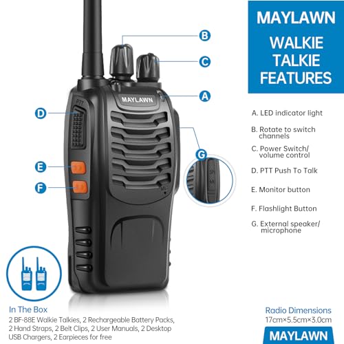 Walkie Talkies Pack of 2, Walkie Talkies Long Range for Adults with Rechargeable Batteries, Two Way Radios with LED Light Earpieces and Chargers, 16 Channels, Supports VOX Function