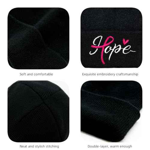 Waldeal Breast Cancer Awareness Beanie Hat for Women, Knit Cuffed Embroidered Pink Ribbon Warm Winter Cap, Black