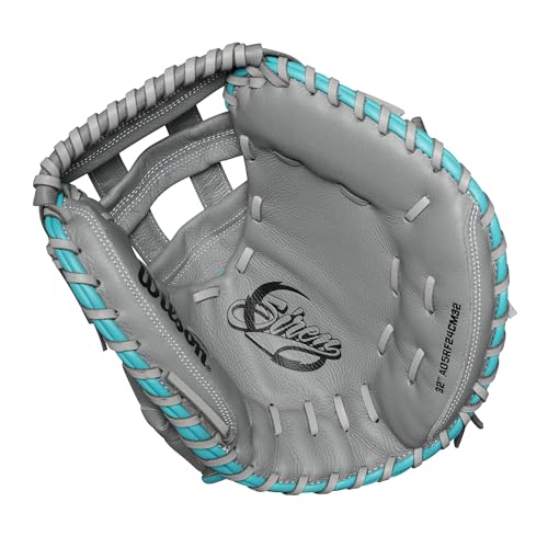 Wilson 2024 A500¢â Siren¢â 32¡± Youth Fastpitch Softball Catcher¡¯s Mitt - Right Hand Throw, Grey/Teal/White