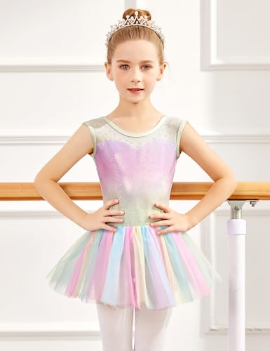 Girls Ballet Leotard with Skirt Dance Costume - Shiny Rainbow 4-5T