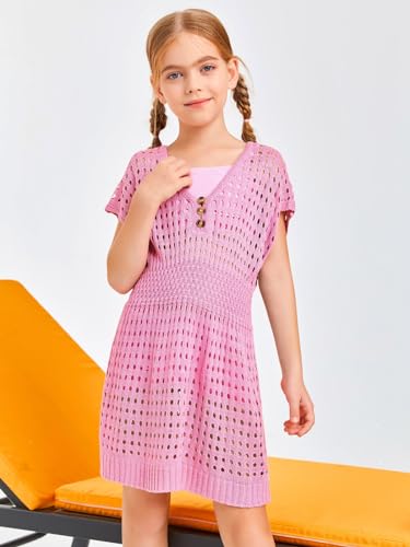 Girls Crochet Swim Cover Up with Buttons - Pink, 9-10 Years
