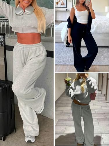 Women’s Fleece-Lined Wide Leg Sweatpants - Grey, Comfortable Lounge Pants