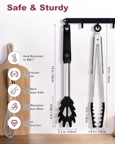 Black 2-Piece Silicone Spaghetti Spoon & Pasta Tong Set - Heat-Resistant Non-Stick Utensils