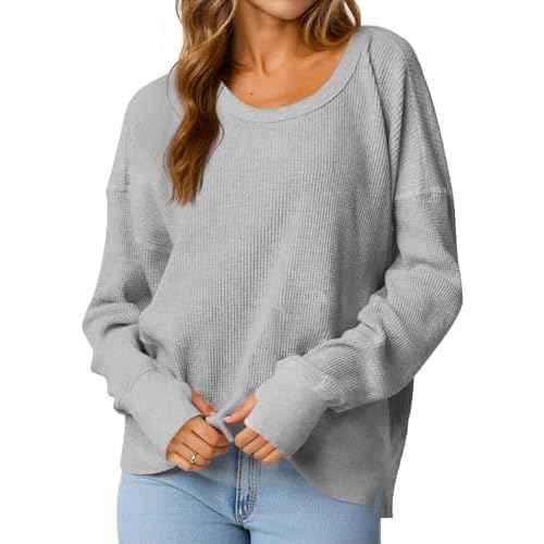 Fisoew Womens Casual Crewneck Sweatshirt Waffle Knit Long Sleeve Side Slit Loose Fit Fall Shirts Tops