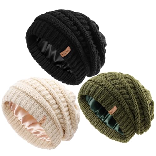 FURTALK Womes Slouchy Winter Beanie Knit Hat Satin Lined 3 Pack Thick Warm Fashionable Skull Cap