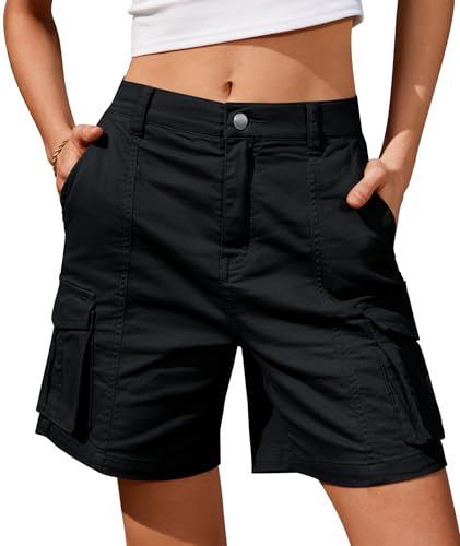 IVIR Bermuda Shorts for Women Cargo Shorts Knee Length 6 Pockets Elastic Waist Long Summer Casual XX-Large Black