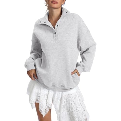 Womens Fleece Sweatshirts Oversized Henley Neck Long Sleeve Button Pullover Tops Trendy Outfits Clothes 2026