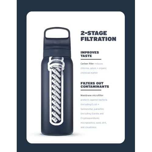LifeStraw Go Series ? Insulated Stainless Steel Water Filter Bottle for Travel and Everyday Use, Removes Bacteria, Parasites and Microplastics, Improves Taste, 24oz Cactus Green