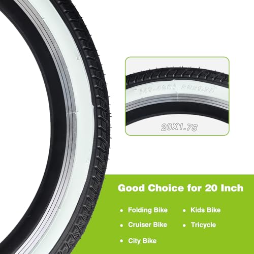 20 Inch Bicycle Tires White Wall Side Black Folding Bead 2 Pack - No Tube