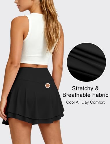 Women's Mini Tennis Skirts with Built-in Shorts & Pockets - Large Black