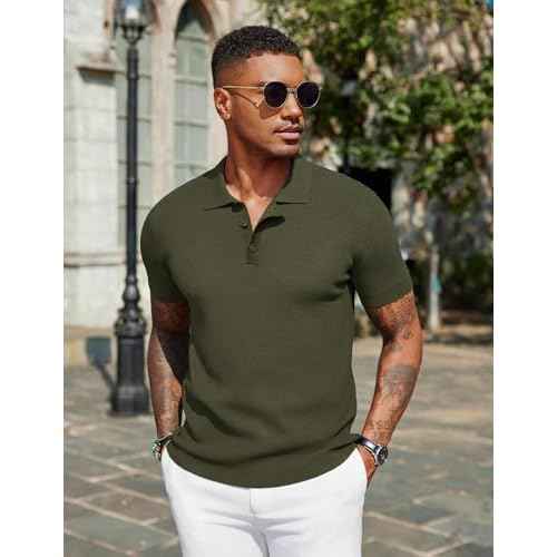COOFANDY Mens Slim Fit Knit Polo Shirts Business Lightweight Polo Sweater Casual Summer Ribbed Textured Collared T Shirt