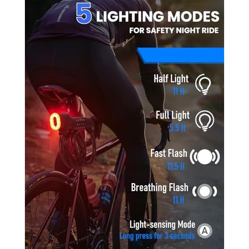 Combination Bike Lock Cable - with LED Bike Tail Light and Keypad Light, IPX6 Waterproof Heavy Duty Strong Anti-Theft 5 Digit Keyless Cable Lock, for Kids Adult Bike Accessories (4FT, Black-0.5 inch)