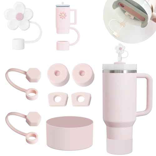 Stanley Cup Accessories Set Including 6 Pcs Silicone Spill Proof Stopper, 2 Pcs Straw Cover Cap for 9-10 mm Straws, 1 Pcs Silicone Boot for Stanley Cup 40oz & 30oz Tumbler (ROSE QUARTZ)