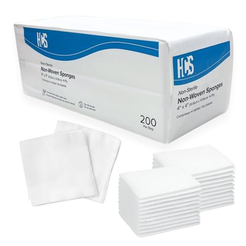 HCS Non-Woven 4x4 Gauze Pads - Non-Sterile, 4-Ply (200-Count) - Highly Absorbent, Low-Linting Squares - Gauze Sponges 4x4, Large - Medical Supplies, Wound Care, First Aid, Surgical Use, Dental