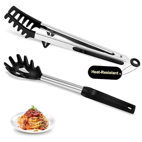 Black 2-Piece Silicone Spaghetti Spoon & Pasta Tong Set - Heat-Resistant Non-Stick Utensils