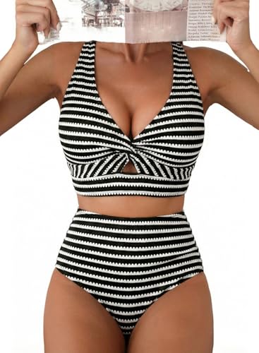 Herseas Women's Textured Bikini Sets 2-Piece Swimsuit with Twist Front Top - Large Stripes Black