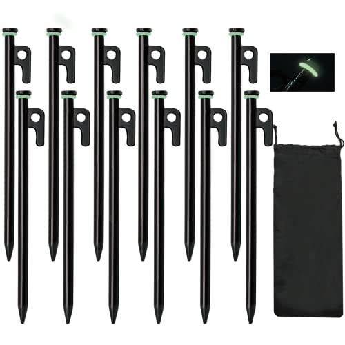 12 Pack Heavy Duty 10-Inch Steel Tent Stakes with Storage Pouch for Rocky Snow and Desert Grounds