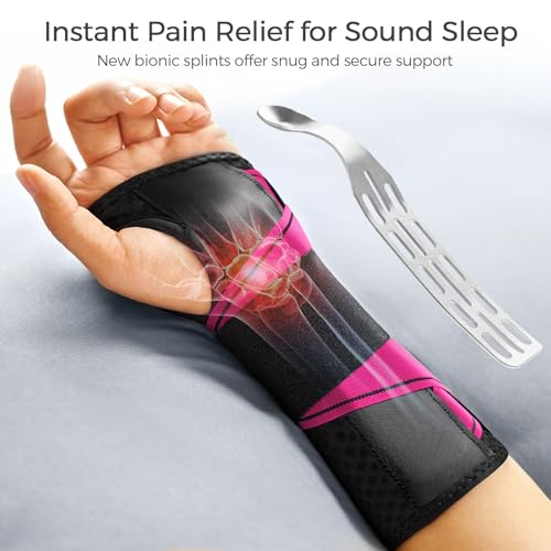 FREETOO Carpal Tunnel Wrist Brace Night Support Fit Right Hand for Work, Pain Relief Wrist Splint for Tendonitis, Sprain, Strain, Rigid Hand Brace for Arthritis for Women and Men (S/M, Black/Pink)