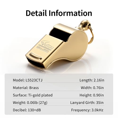 Golden Metal Whistle with Lanyard for Coaches Police - Large 130+dB Brass Ti-Gold Plated