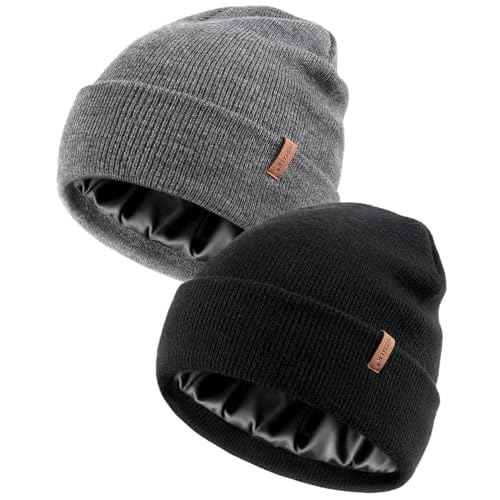 FURTALK 2 Pack Satin Lined Beanie for Men Women Acrylic Winter Hats Warm Silky Skull Cap