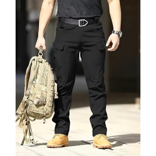 Men's Cargo Tactical Pants Work Hiking Trousers Waterproof Lightweight Elastic Waist for Travel with Pockets(No Belt)