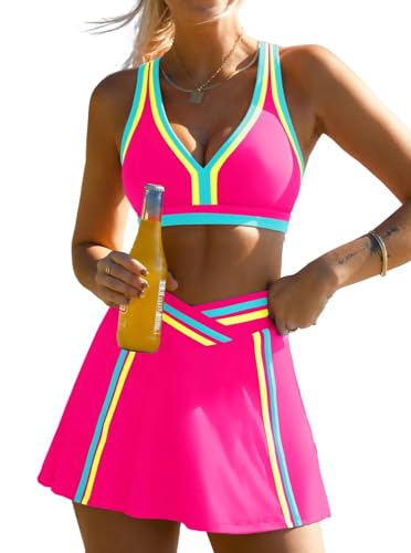 Neon High Waisted Bikini Set with Skirt for Women - Medium Hot Pink