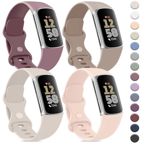 Vancle Fitbit Charge 5/6 Bands 4-Pack with Light Pink, Starlight, Milk Tea & Smoky Purple Variations, Soft Sport Wristbands for Women Men