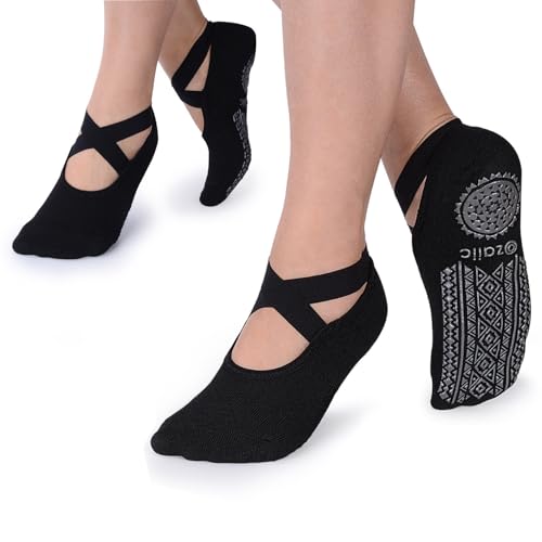 Ozaiic Non Slip Pilates Socks for Women 2 Pairs - Black, One Size