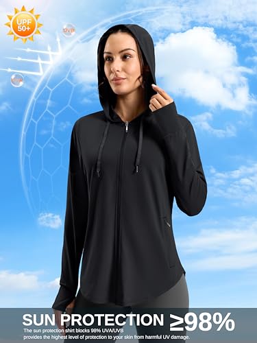 Women's Sun Protection Hooded Lightweight Zip Up Jacket - Large Black