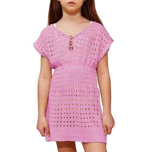 Girls Summer Crochet Swim Beach Cover Up Button Elastic Waist Beach Dress 5-14 Years
