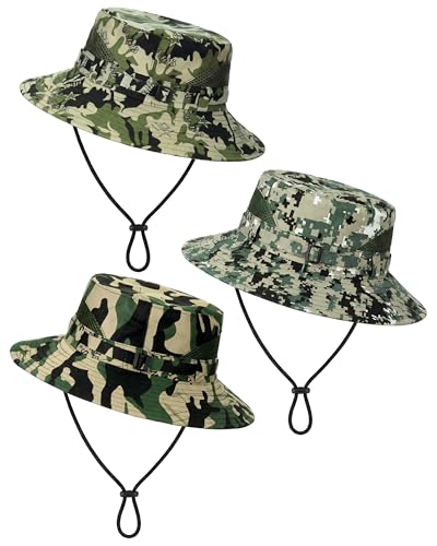 Kids Sun Hat 3 Pack - Camo Bucket & Boonie Hats with UV Sun Protection for Summer Outdoor Activities