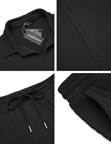 Men's Casual Short Sleeve Button-Down Shirt & Loose Pants Set - Black, Large