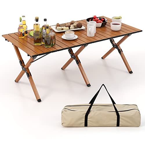 COSTWAY Folding Picnic Table, Roll-Up Aluminum Camping Table with Wood Grain, Portable Low Height Beach Table with Carry Bag for Camping, Picnic, BBQ & Hiking, Easy Assembly, Natural (47¡± x 23¡± x 18¡±)