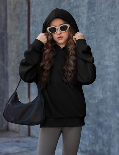 Girls Oversized Fleece Hoodie - Casual Pullover Sweatshirt for 11-12 Years - Black