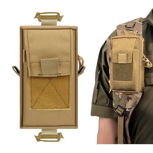 PreciousU Tactical Molle Accessory Pouch,Backpack Shoulder Strap Bag with Double-Zipper Pocket, Top Pocket and Shoulder Strap Attachment - Perfect for Outdoor Activities and Tactical Gear (Khaki)