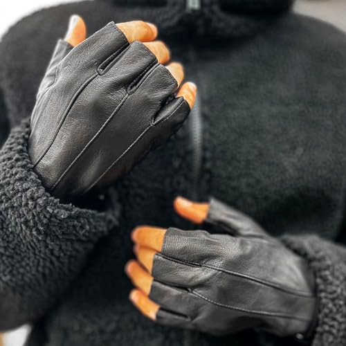 Mens Fingerless Leather Driving Gloves - Small Black