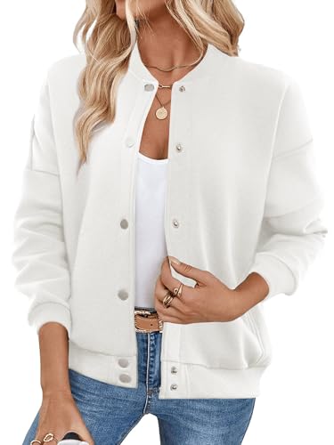 Women's Zip Up Fleece Sweatshirt Crew Neck Jacket with Side Pockets - Medium White