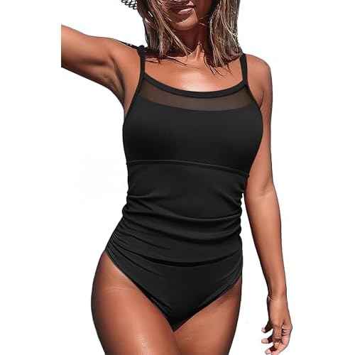 AI'MAGE Women's Ribbed One Piece Swimsuit Tummy Control Ruched Bathing Suit Sexy Mesh Swim Suits Crisscross Back Tie Swimwear