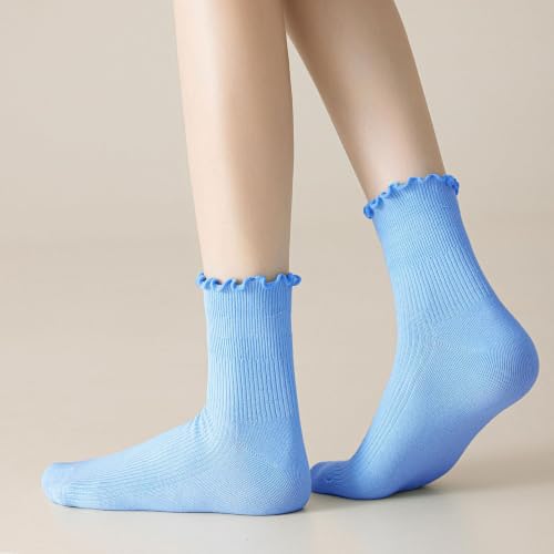 Women Ruffle Socks 3 Pack - Light Blue Breathable Ankle Socks for Girls