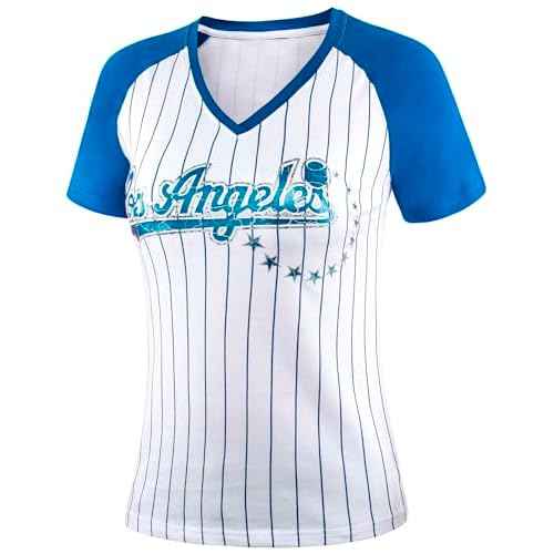 Womens City Baseball Pinstripe Fans Vintage Sporty V-Neck Tee Shirts - Royal & White