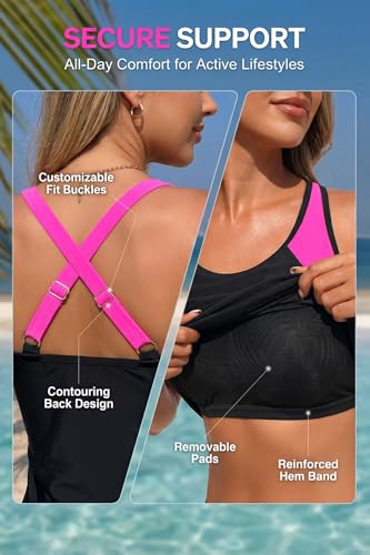 Women's X-Large Tankini Swimsuit with Tummy Control and Boyshorts - Black & Pink