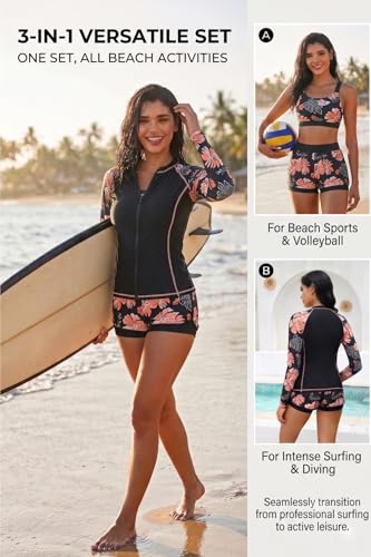 Daci 3-Piece Rash Guard Set with 3" Shorts - Large Black Floral