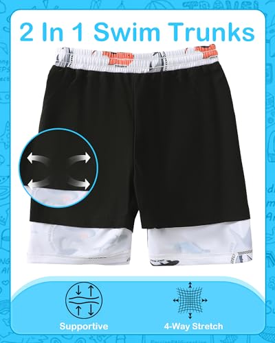 Boys Swim Trunks Compression Liner Swimsuit Shorts - Shark, 10-12 Years