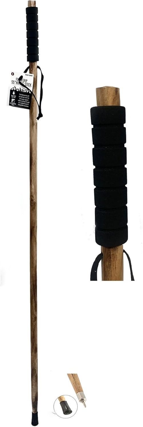 SE 55-Inch Foam Grip Wooden Hiking, Walking, Trekking Stick, Spiked Tip and Metal Reinforced Tip Cover Made with Hard Pine Wood - WS620-55BNBR