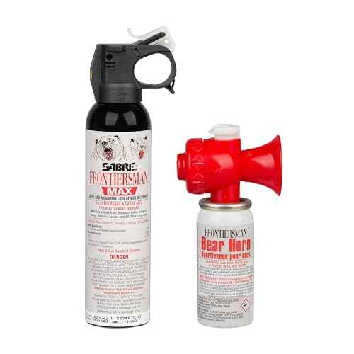 SABRE Frontiersman MAX 9.2 oz. Bear & Mountain Lion Attack Deterrent, Up to 40 ft Range, Contains 2% Major Capsaicinoids + Frontiersman Bear Horn (FBH-LT-AMZ) Kit, Glow-in-The-Dark Safety
